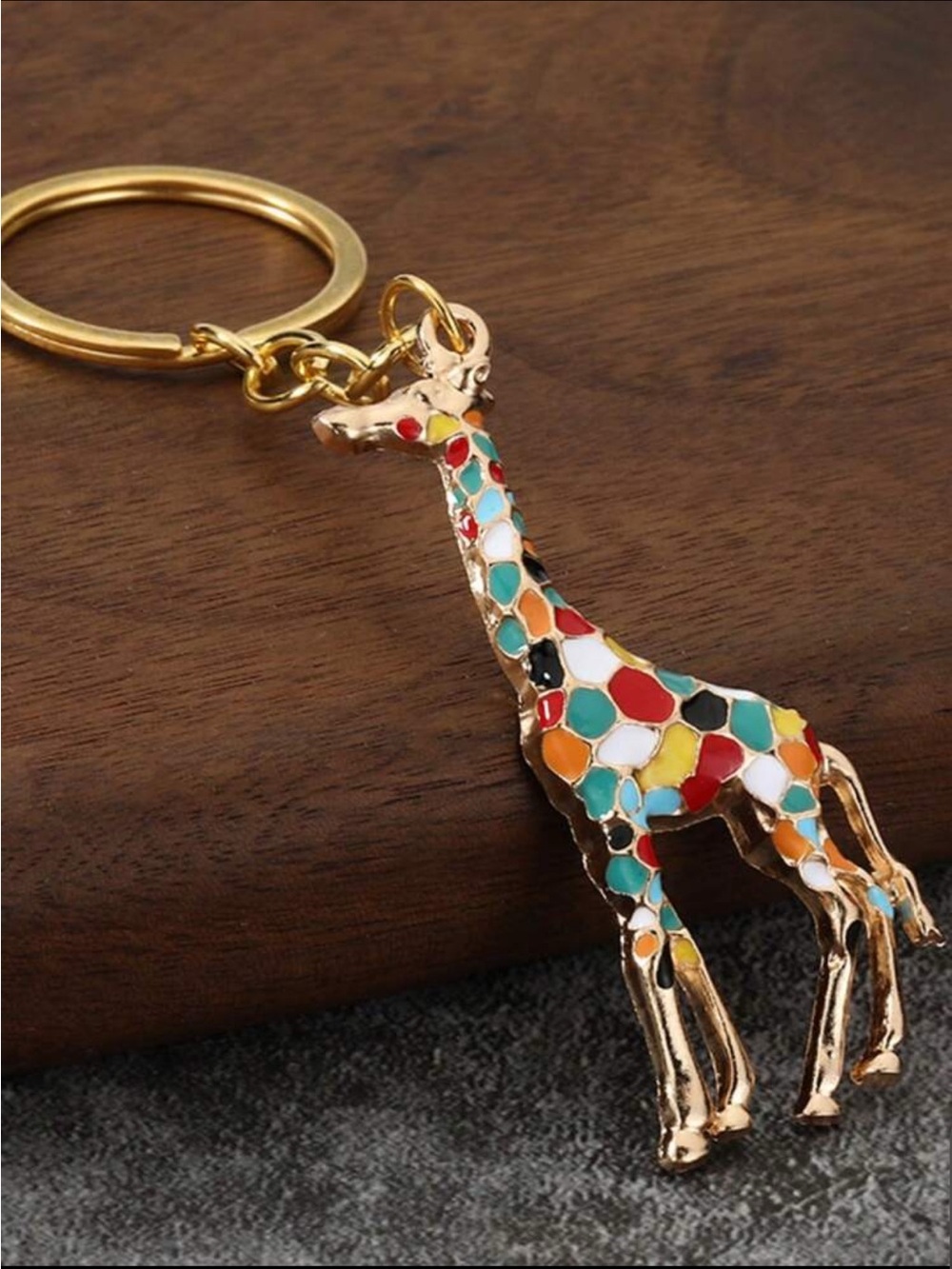Colorful Enamel Giraffe Keychain - Gold Tone